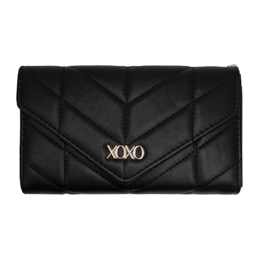 XOXO Women's Small Black Vegan Leather Quilted Fold Wallet withCrossbody Strap