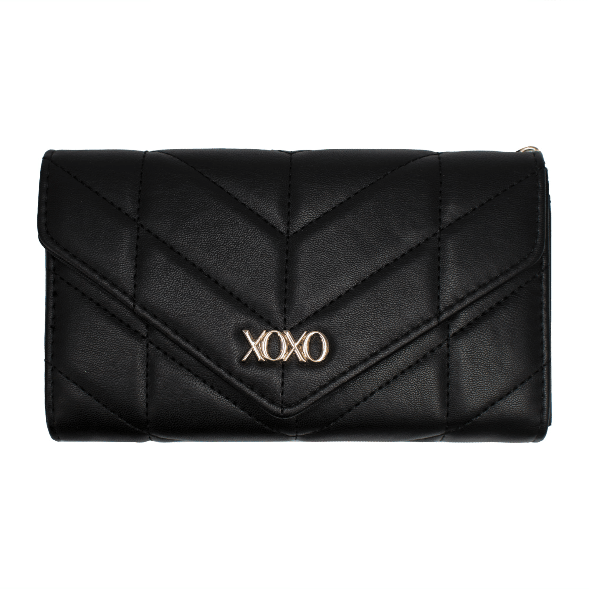 XOXO Women's Small Black Vegan Leather Quilted Fold Wallet withCrossbody Strap
