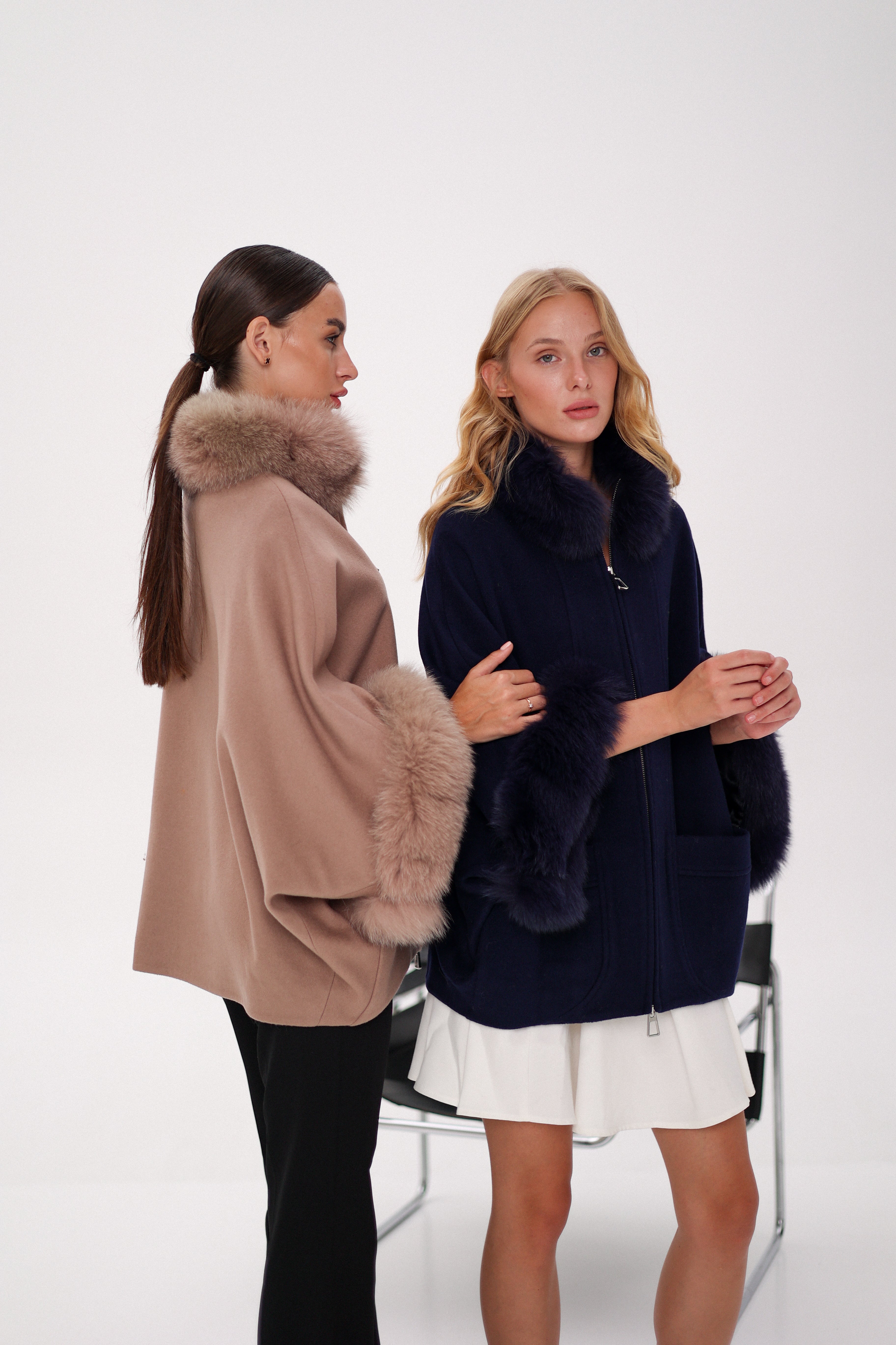 Genuine Polar Fox Fur Cashmere Blend Poncho in True Navy - SJB-DIAMOND ELITES