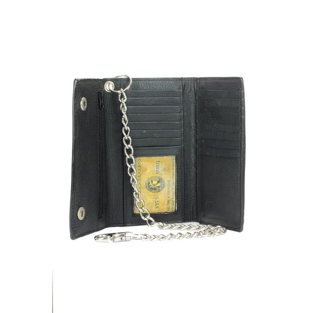 Montauk Leather Club Men's RFID Signal Blocking Tri-Fold Trucker's Wallet in Genuine Black Leather with Heavy Duty Chain EasyOptionXY LLC