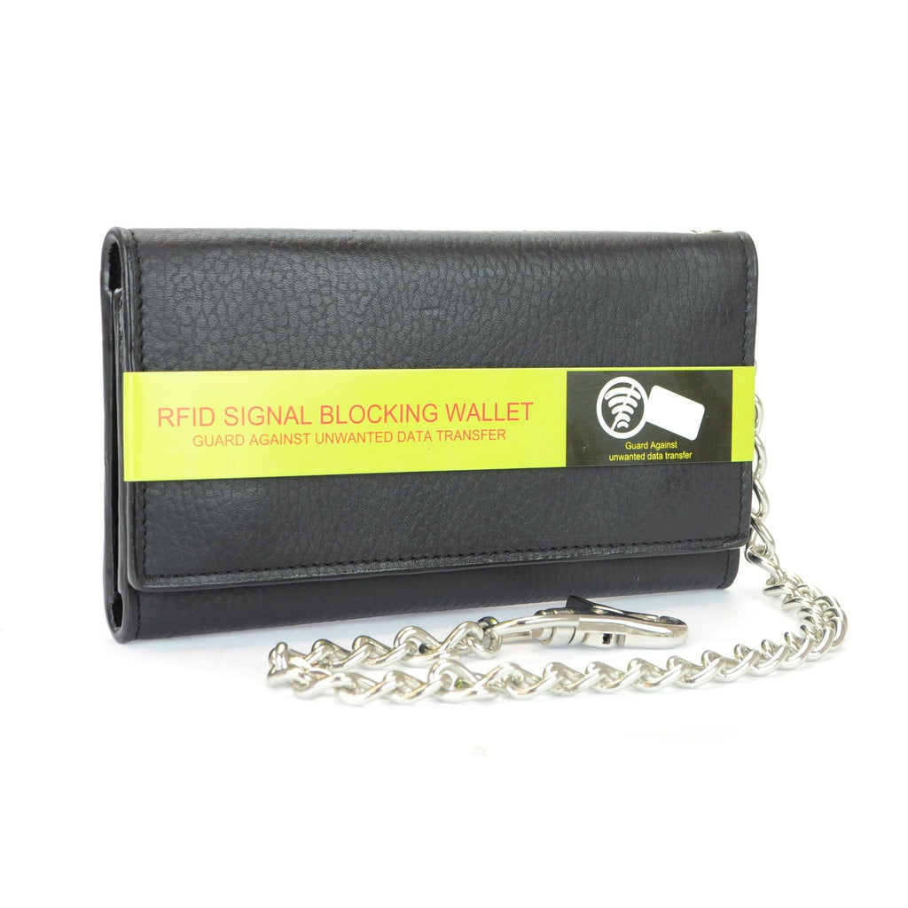 Montauk Leather Club Men's RFID Signal Blocking Tri-Fold Trucker's Wallet in Genuine Black Leather with Heavy Duty Chain EasyOptionXY LLC