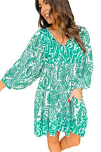 Green Bohemian Print Puff Sleeve Tied V Neck Flared Mini Dress