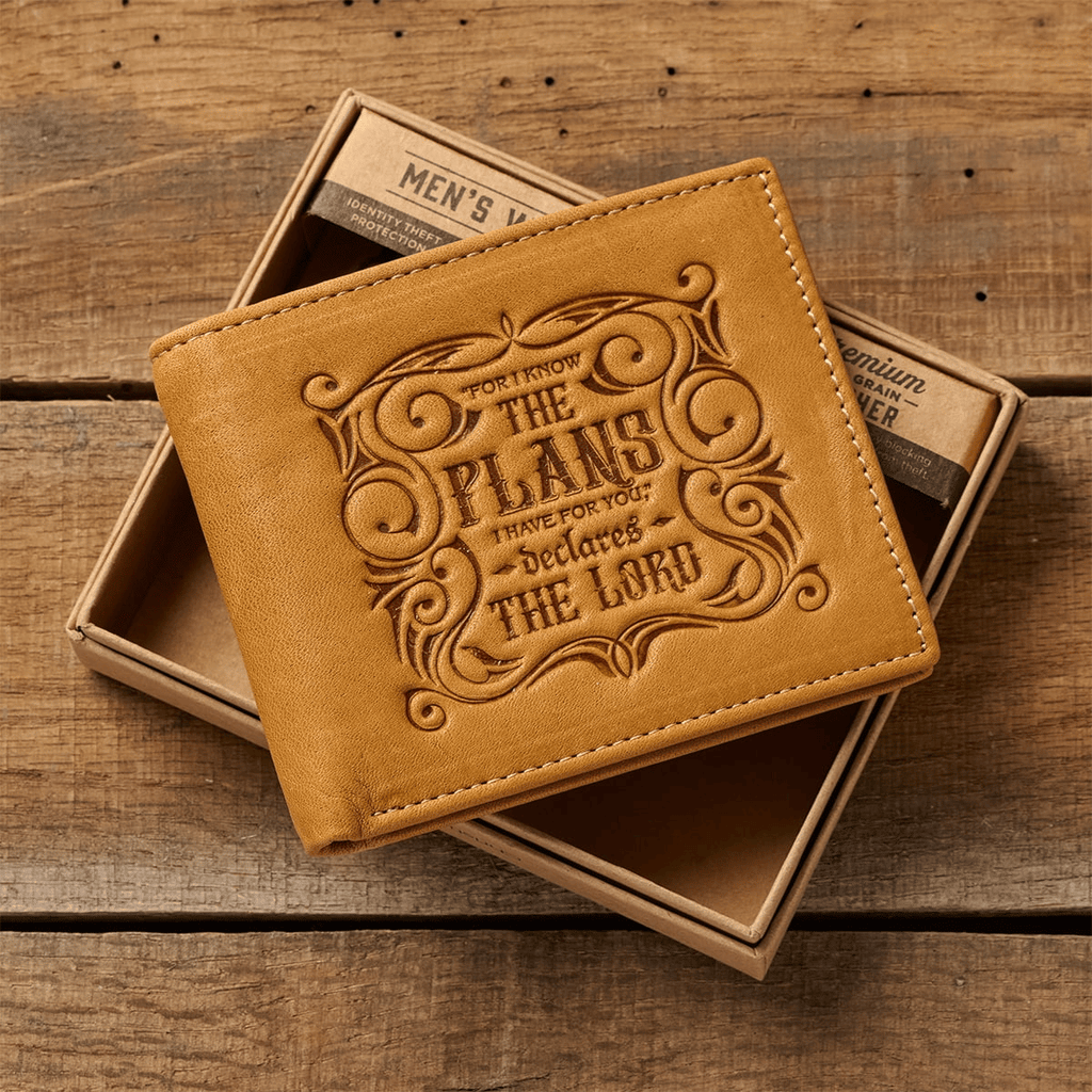 Genuine Leather RFID Wallet for Men I Know The Plans Jeremiah 29:11 Quality Classic Saddle Tan Leather Bifold Wallet Christian Gifts for Men EasyOptionXY LLC