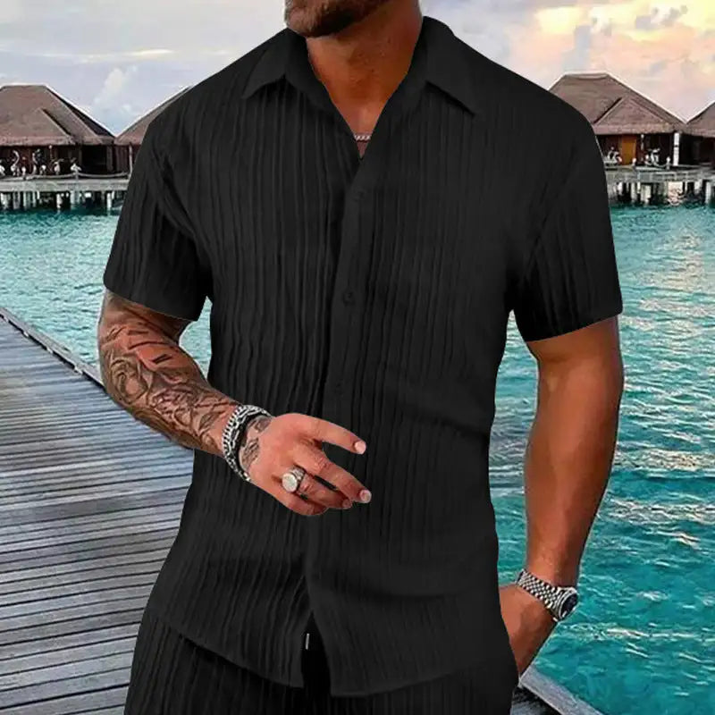 Polo Collar Solid Color Short Sleeve Button Men's Casual Loose Short Sleeves Shirt