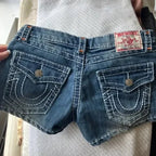 Women's retro Summer casual Buddha statue denim shorts Y2K sexy hot pants high waisted pocket embroidered street mini shorts Purplish Diva