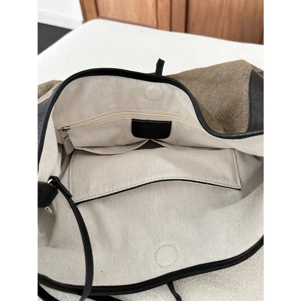 Linen Splicing Vegetable Tanned Cowhide Bag, Large Capacity Casual Bucket Bag, Underarm Shoulder Tote Bag, Hobo Bag for Women - SJB-DIAMOND ELITES