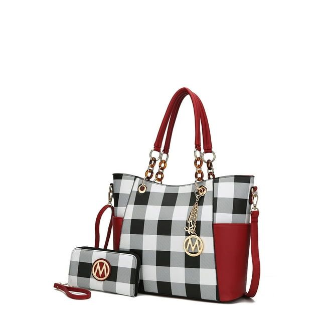 MKF Collection Women's Bonita Checkered Tote Bag and Wristlet Wallet Set with Decorative Keychain, 2-Piece, (Color Red)