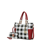 MKF Collection Women's Bonita Checkered Tote Bag and Wristlet Wallet Set with Decorative Keychain, 2-Piece, (Color Red)