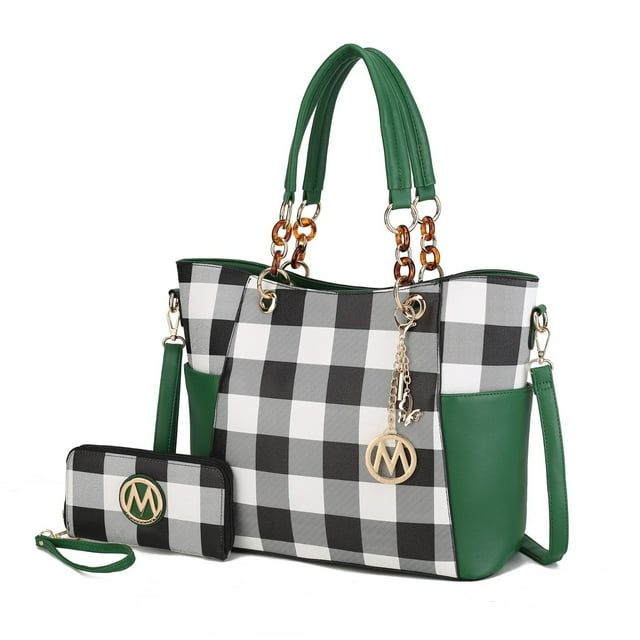 MKF Collection Women's Bonita Checkered Tote Bag and Wristlet Wallet Set with Decorative Keychain, 2-Piece, (Color Red)