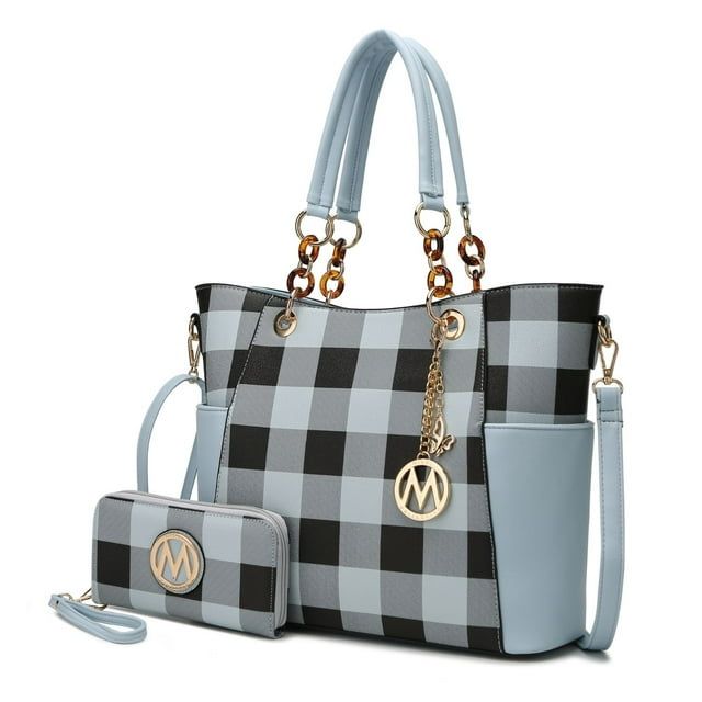 MKF Collection Women's Bonita Checkered Tote Bag and Wristlet Wallet Set with Decorative Keychain, 2-Piece, (Color Red)