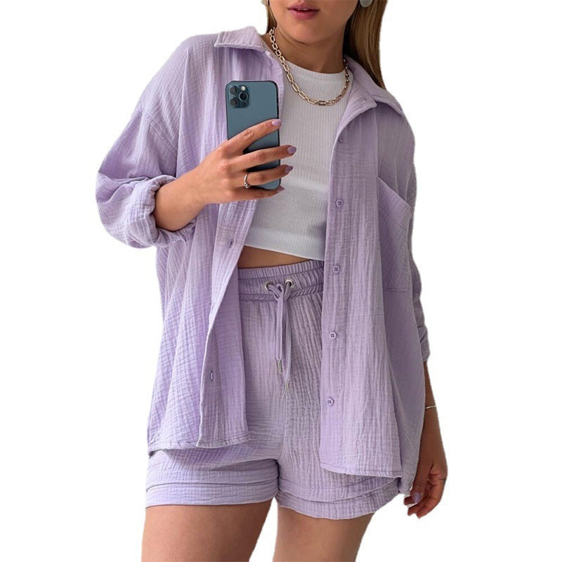 Spring Champray Lapel Long Sleeve Shirt High Waist Drawstring Shorts Plus Size Fashion Casual Set Pi-Mart