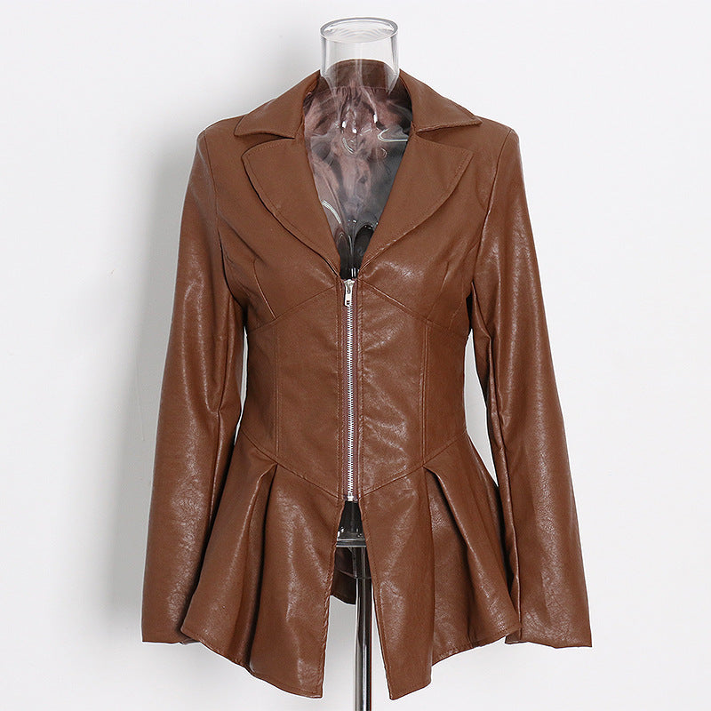 Suit Collar Hem Ruffled Slim-Fit Motorcycle PU Leather Jacket Pi-Mart