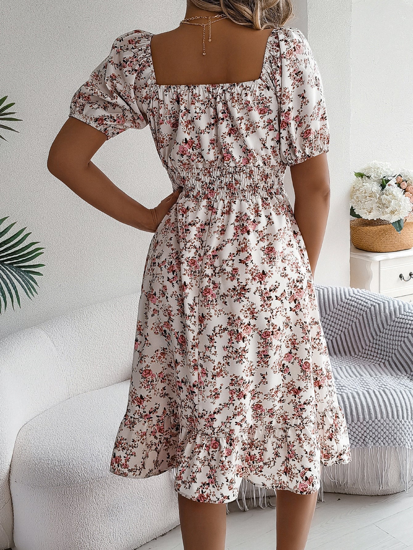 Floral Print Square Collar Dress Summer Fashion Ruffles Dresses Women's Clothing Pi-Mart
