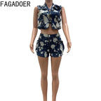 FAGADOER Fashion Printed Denim 2 Pieces Set for Woman Sleeveless Zip Cargo Pocket Jacket Patchwork Crop and Shorts Jeans Outfits Purplish Diva