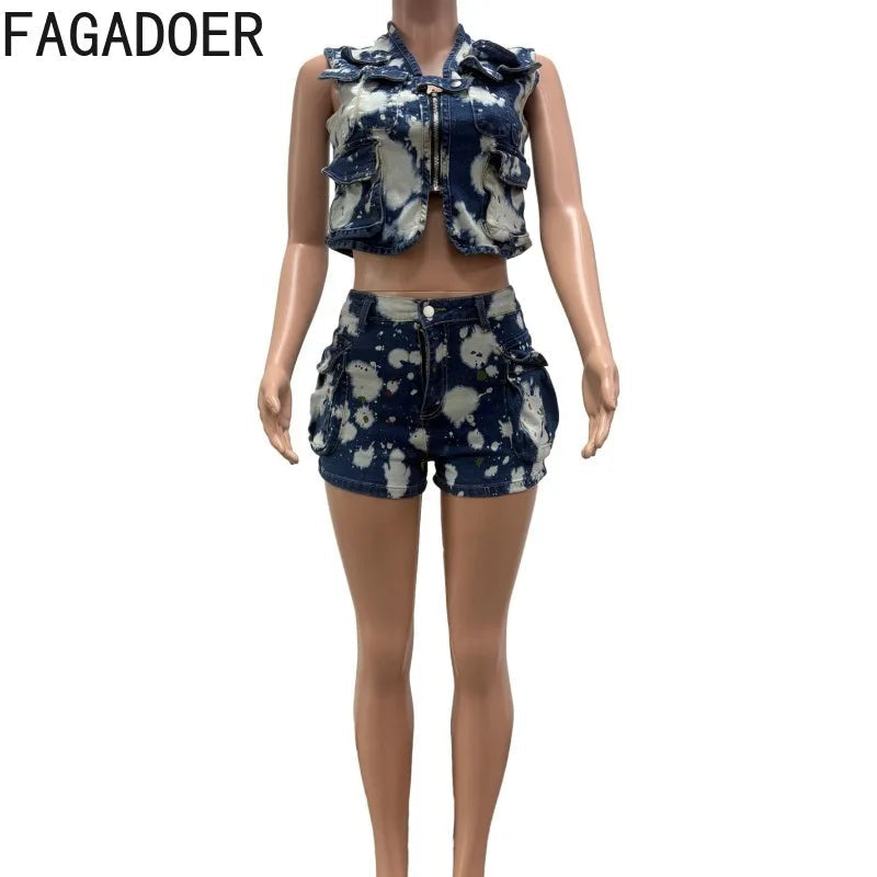 FAGADOER Fashion Printed Denim 2 Pieces Set for Woman Sleeveless Zip Cargo Pocket Jacket Patchwork Crop and Shorts Jeans Outfits Purplish Diva