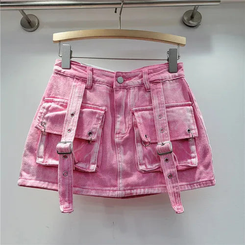 Retro Pink Large Pocket Denim Suit Spring Summer Sleeveless Short Vest High Waist Hip Wrapped Skirt 2 Pieces Sets Women Outfits Purplish Diva
