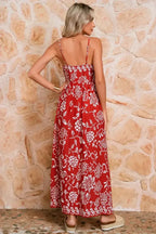 Red Floral Print Spaghetti Strap Empire Waist Maxi Dress