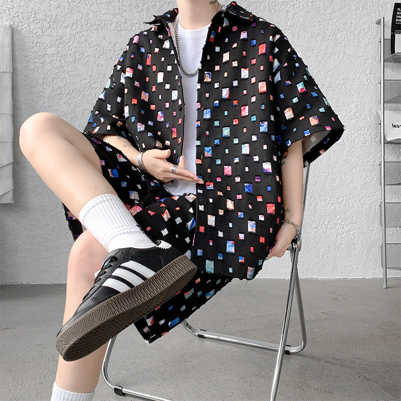 Summer New Chessboard Plaid Shirt Short Sleeve Shorts Suit Lootquake LLC