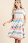 Striped Short Sleeve Dress with Pockets For Women – Casual Striped Dress, Comfortable Short Sleeve Dress, Pocketed Striped Dress, Versatile Striped Dress, Relaxed Fit Dress, Effortless Striped Dress, Chic Short Sleeve Dress Stevvex