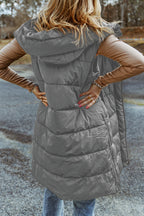 Dark Grey Hooded Long Quilted Vest Coat Lootquake LLC
