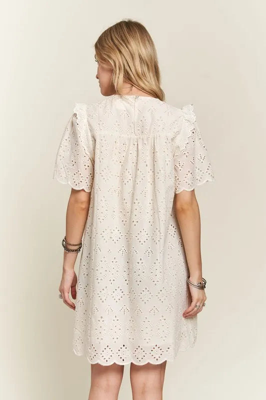 Ruffled Eyelet Round Neck Summer Dress For Women – Elegant Feminine Eyelet Dress with Ruffled Details for Garden Parties & Special Occasions Stevvex