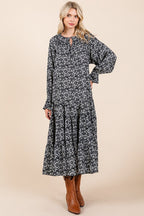 Printed Tie Neck Flounce Sleeve Midi Dress For Women – Fluttering, Feminine and Playful Midi Dress with Ruffled Details