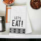 Jacquard Black White Aztec Tea Towel 24 x 17 Kitchen Hand Towel Lets Eat Festive Cotton BandsCo Straps