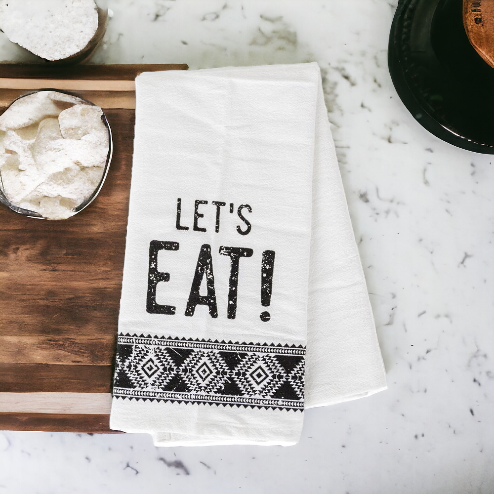 Jacquard Black White Aztec Tea Towel 24 x 17 Kitchen Hand Towel Lets Eat Festive Cotton BandsCo Straps