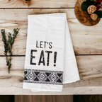Jacquard Black White Aztec Tea Towel 24 x 17 Kitchen Hand Towel Lets Eat Festive Cotton BandsCo Straps