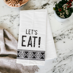 Jacquard Black White Aztec Tea Towel 24 x 17 Kitchen Hand Towel Lets Eat Festive Cotton BandsCo Straps