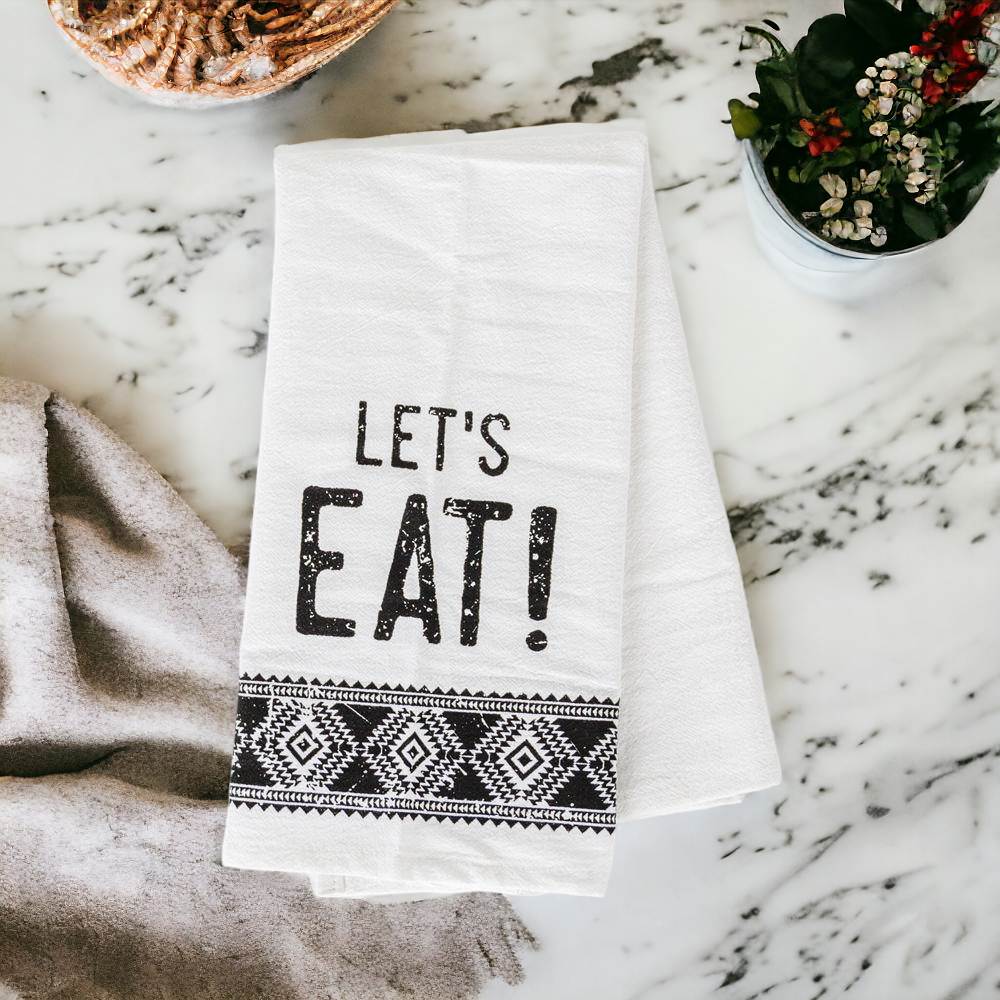 Jacquard Black White Aztec Tea Towel 24 x 17 Kitchen Hand Towel Lets Eat Festive Cotton BandsCo Straps