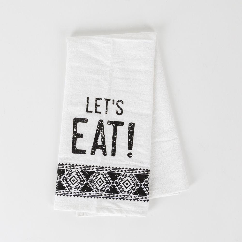 Jacquard Black White Aztec Tea Towel 24 x 17 Kitchen Hand Towel Lets Eat Festive Cotton BandsCo Straps