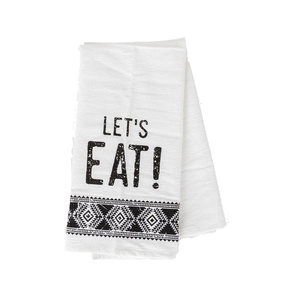 Jacquard Black White Aztec Tea Towel 24 x 17 Kitchen Hand Towel Lets Eat Festive Cotton BandsCo Straps