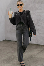 Black Chest Pocket Drop Shoulder Hooded Denim Jacket