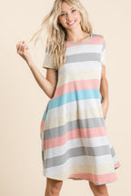 Striped Short Sleeve Dress with Pockets For Women – Casual Striped Dress, Comfortable Short Sleeve Dress, Pocketed Striped Dress, Versatile Striped Dress, Relaxed Fit Dress, Effortless Striped Dress, Chic Short Sleeve Dress Stevvex