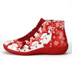 Ankle Boots Women Santa Claus Snowflake Print Flats Shoes Casual Slip-on Side Zipper Design Short Boot Pi-Mart