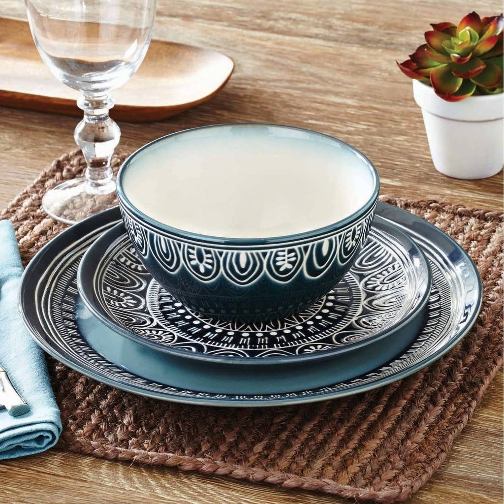 Better Homes & Gardens Teal Medallion 12-Piece Stoneware Dinnerware Set EasyOptionXY LLC