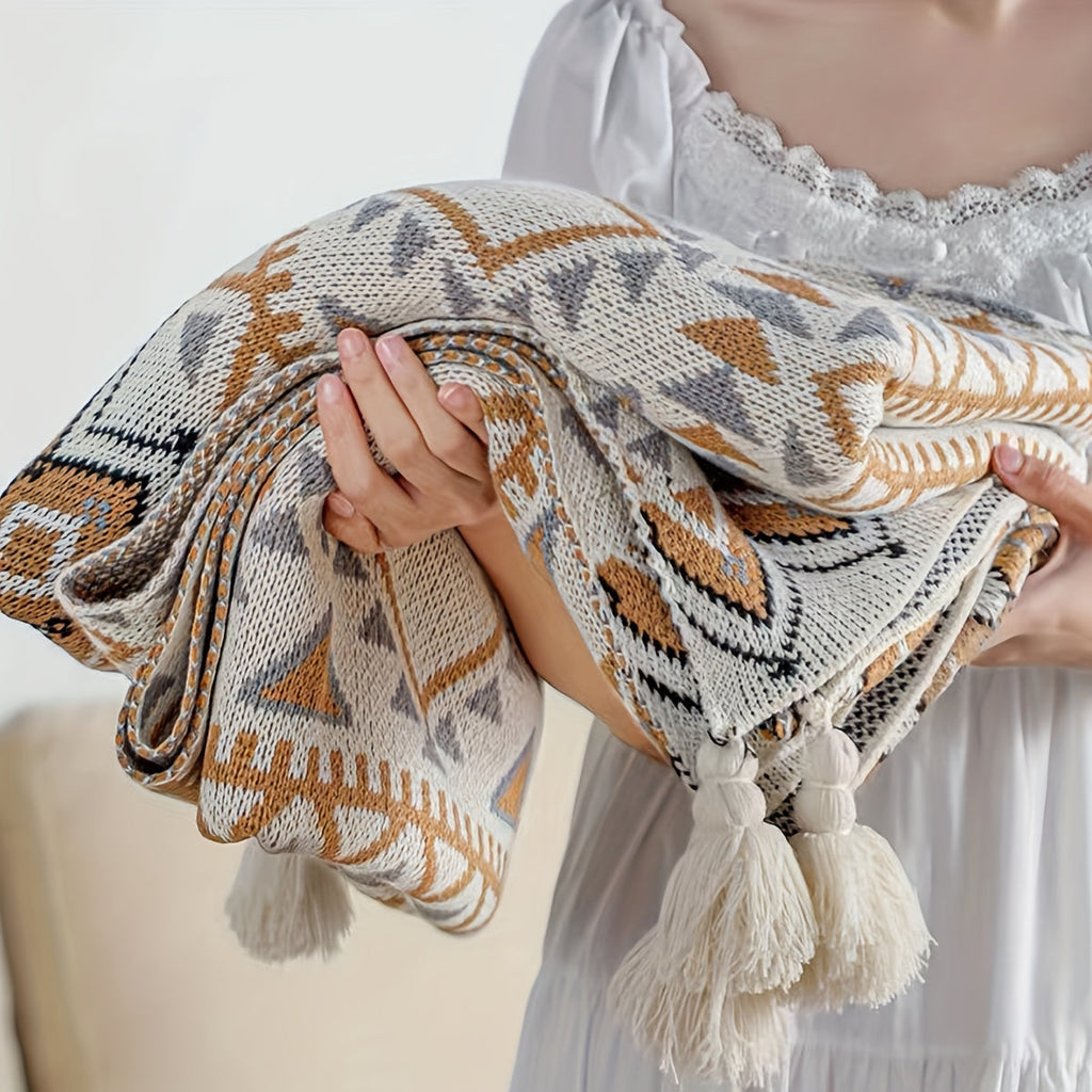 1pc Bohemian Style Striped Tassel Throw Blanket, 100% Polyester, Fantasy Themed, All-Season Multipurpose, Stain Resistant, Woven Fabric, Hand Wash Only, >500g Weight Lootquake LLC