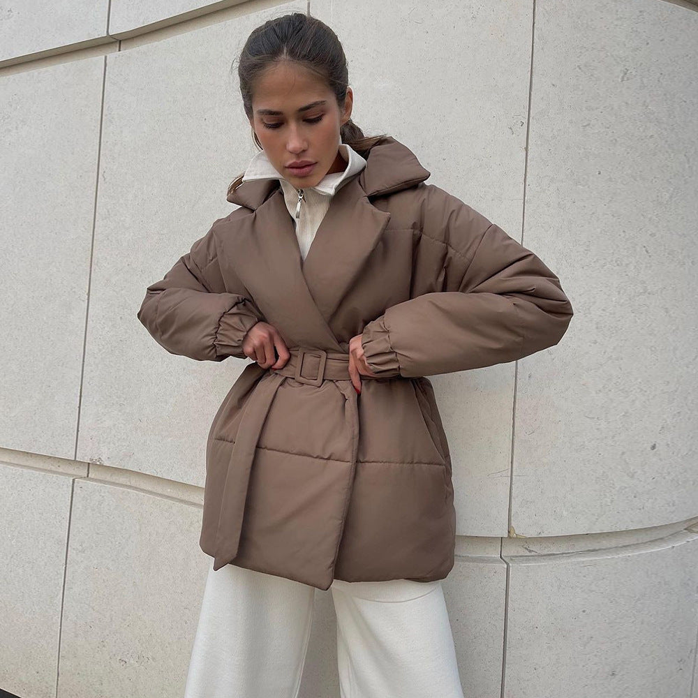 New Thickened Slimming Cinched Cotton-padded Coat Solid Color Belt Cotton Coat Jacket Pi-Mart