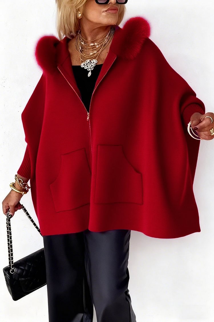 Women's Plush Hooded Cardigan - Batwing Sleeve Zip Up Knitted Jacket with Pockets