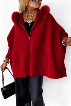 Women's Plush Hooded Cardigan - Batwing Sleeve Zip Up Knitted Jacket with Pockets