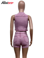 Mlaiscsr Pink Stretch Denim Sexy 2 Piece Club Outfit Women Sets V-Neck Vest Crop Tops and Embroidered Shorts Suit Y2k Streetwear Purplish Diva