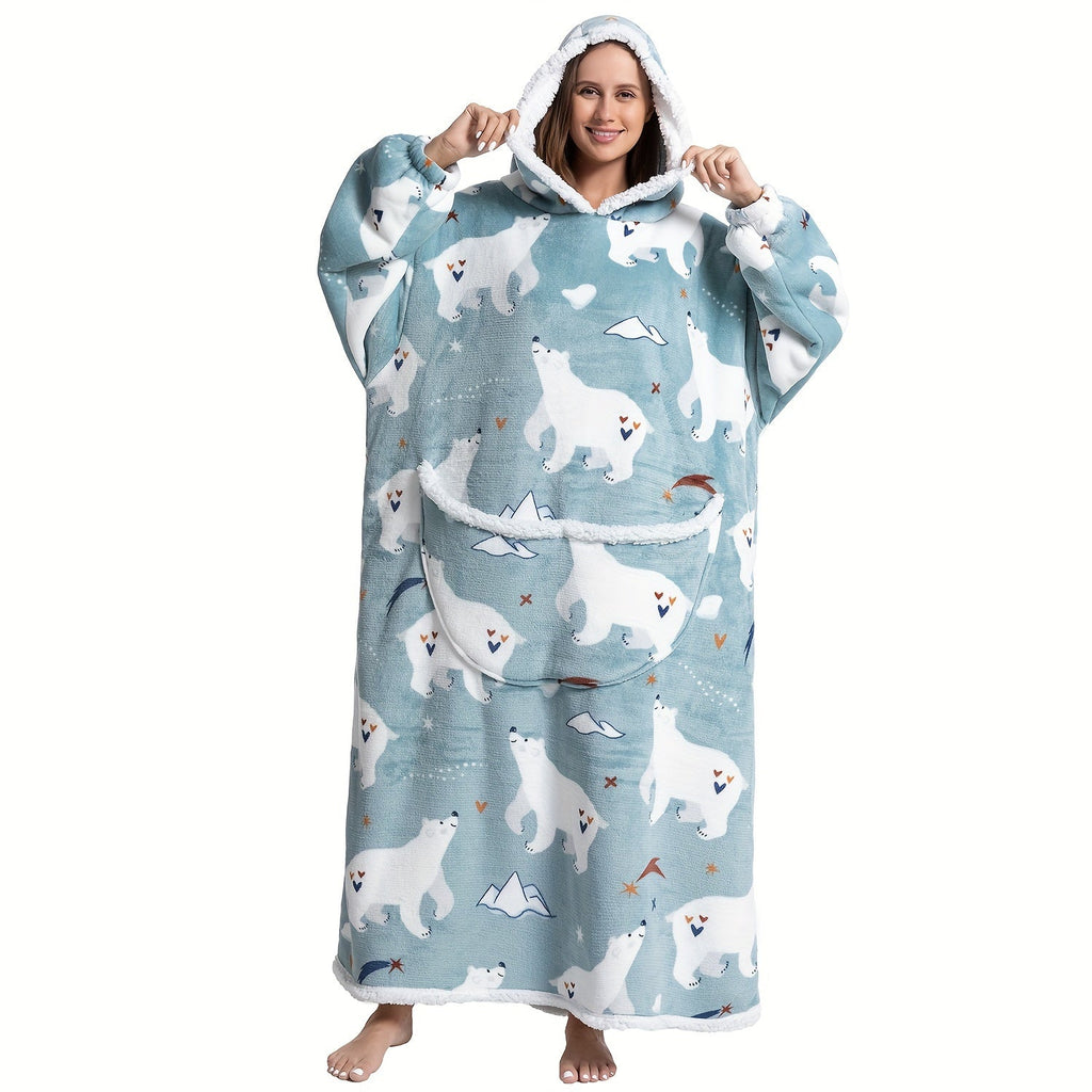 1pc Extra Long Oversized Cat Print Sherpa Fleece Hooded Blanket Sweatshirt - Ultra Soft, Warm, Wearable, Machine Washable, and Industrial Style - Perfect Gift for Women and Men Adults Lootquake LLC