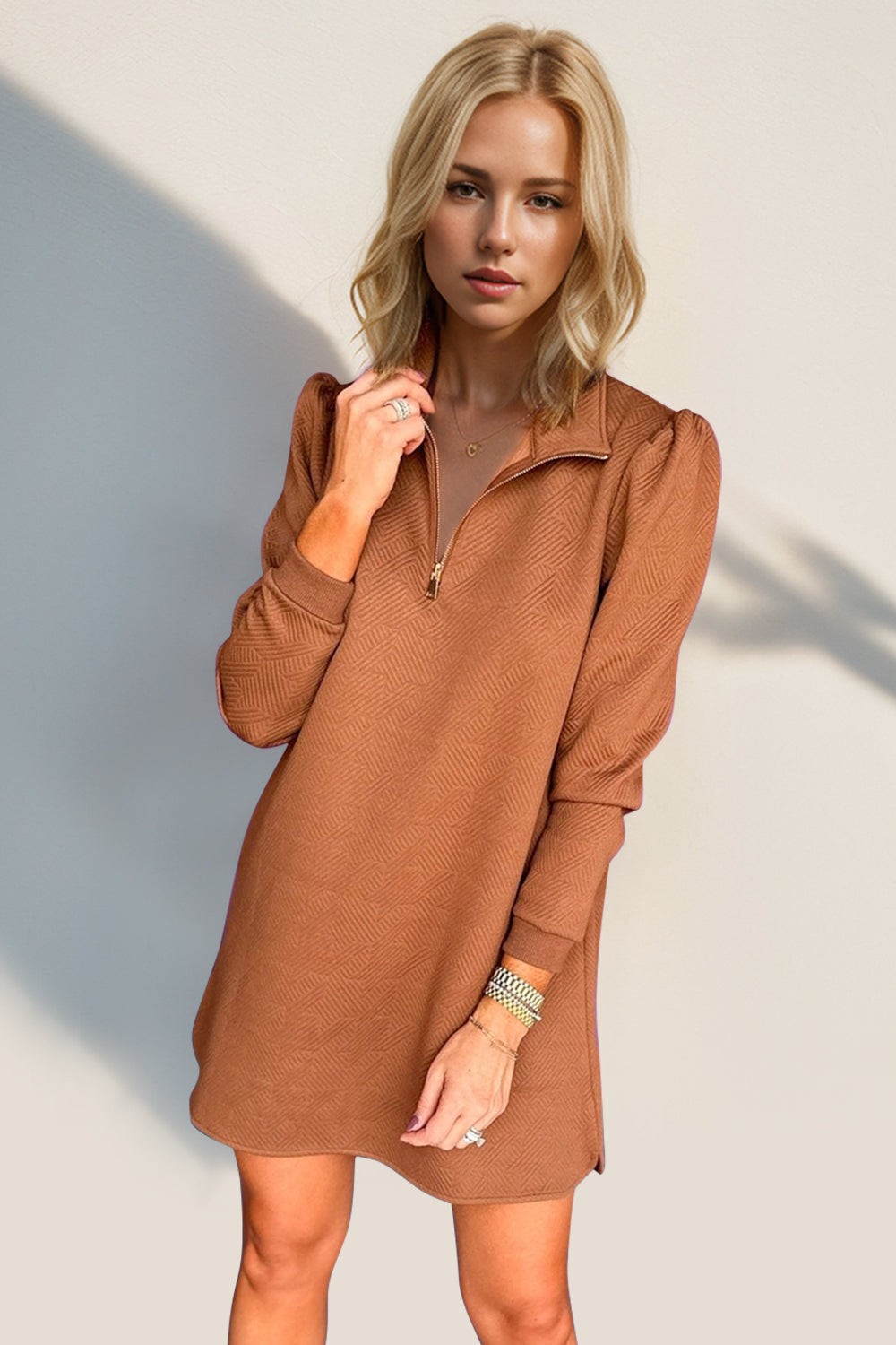 Double Take Textured Zip Long Sleeve Dress Classic Zip-Up Dress for Women Comfortable Outdoor Dress Stevvex
