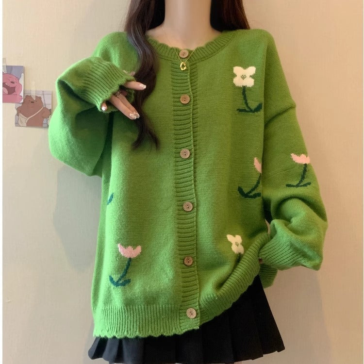 Idle Style Loose Youthful-looking Embroidered Flower Knitted Cardigan Sweater Pi-Mart
