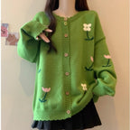 Idle Style Loose Youthful-looking Embroidered Flower Knitted Cardigan Sweater Pi-Mart
