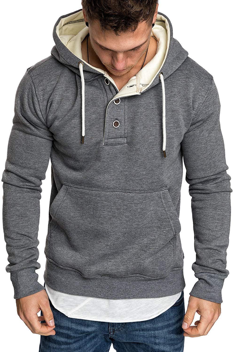Button-Trim Hooded Fleece Sweatshirt - Cotton Blend Pullover with Pockets Pi-Mart
