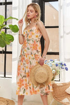 Smocked Back Floral Adjustable Strap Midi Dress  For Women – Feminine, Floral, Fluttering, Comfortable Midi Dress
