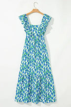 Pink Floral Print Square Neck Ruffled Strap Maxi Dress