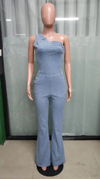 Demin Overalls Women Jumpsuits One Shoulder Mom Jeans Bodycon Long Pants Flare Pant High Waist Streetwear Y2k Slim Fit Rompers Purplish Diva